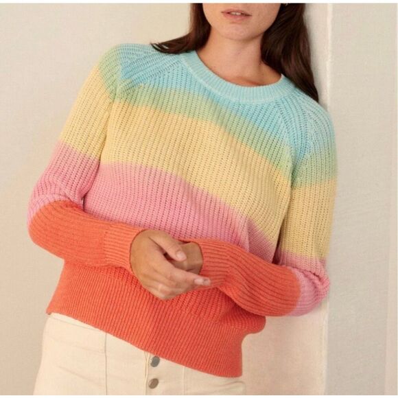 White + Warren Recycled Cotton Textured Rainbow Crewneck Sweater in Rainbow Stri - Picture 1 of 8